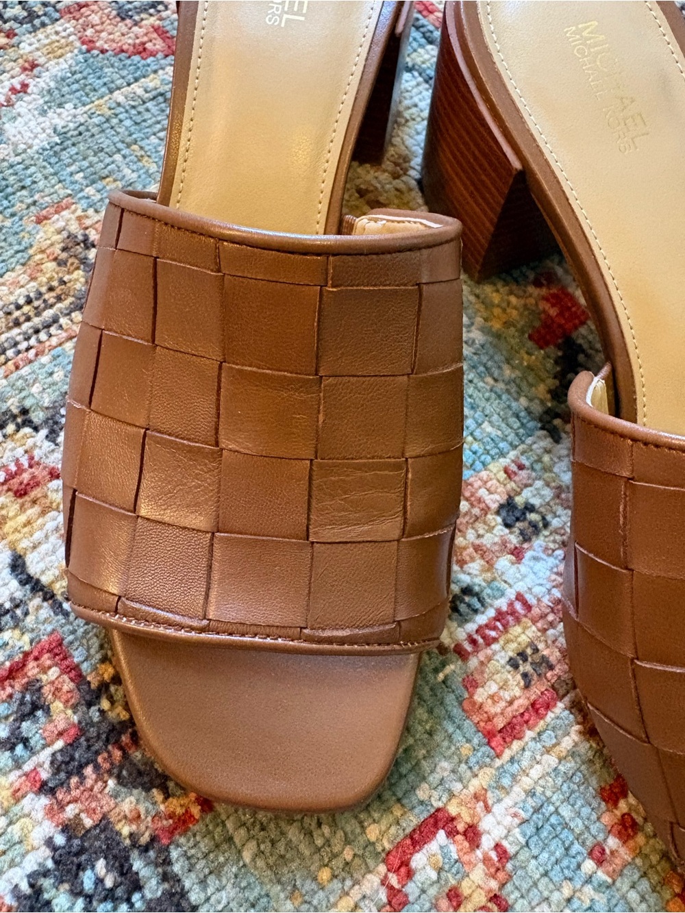 Michael Kors | Brown Woven Ingrid Leather Block Heel Mules | 7 - Picture 4 of 10